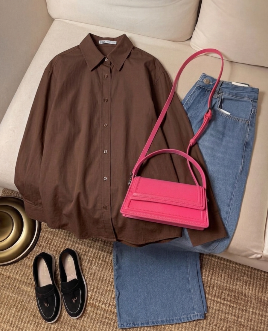 BROWN BUTTON DOWN WITH SKY BLUE WIDE LEG JEANS