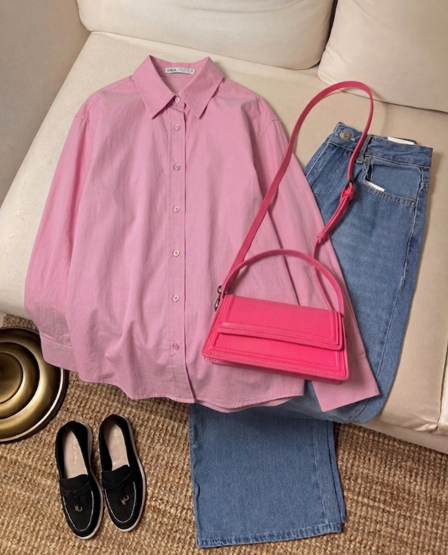 PINK DOWN WITH SKY BLUE WIDE LEG JEANS