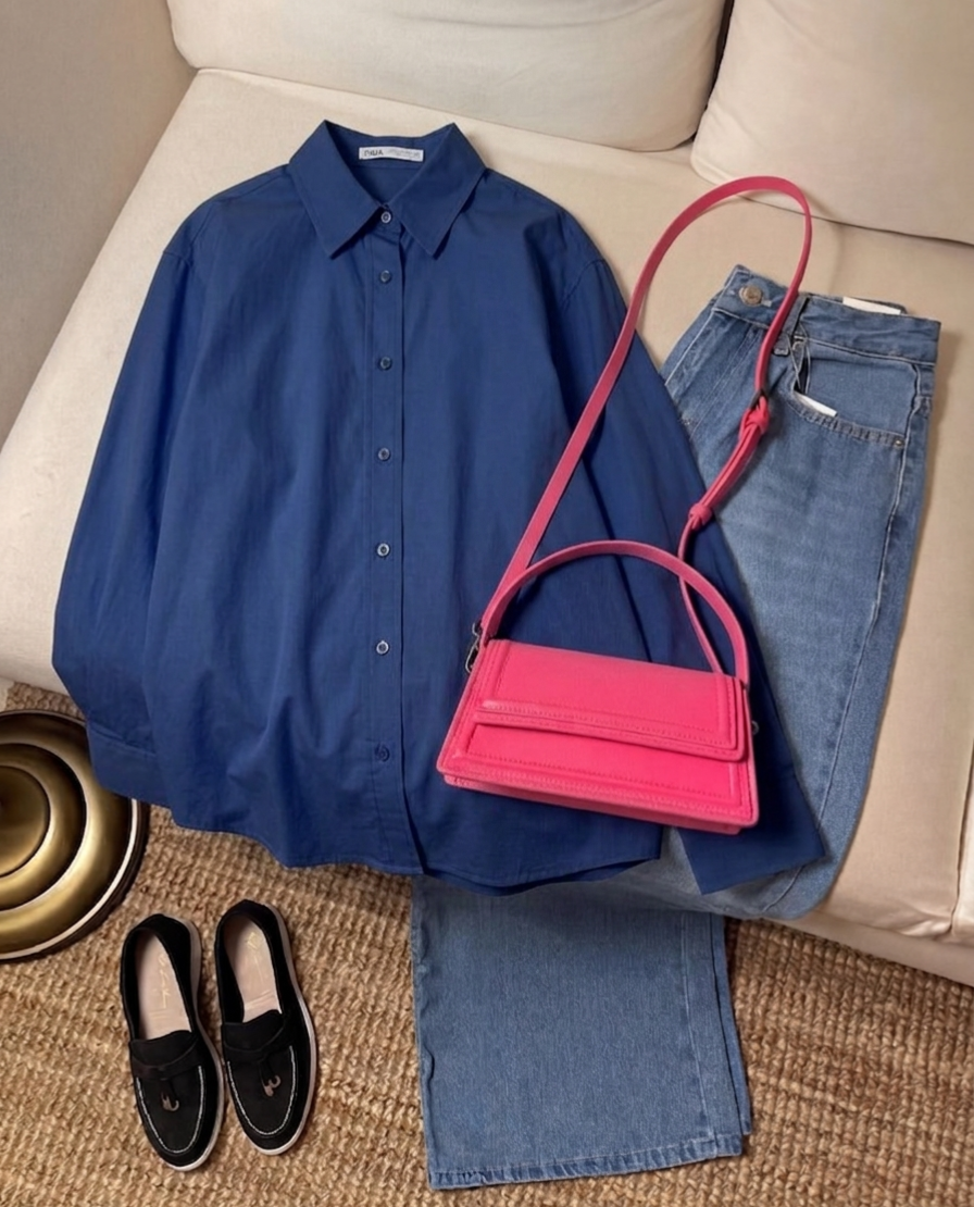 NAVY BLUE BUTTON DOWN WITH SKY BLUE WIDE LEG JEANS