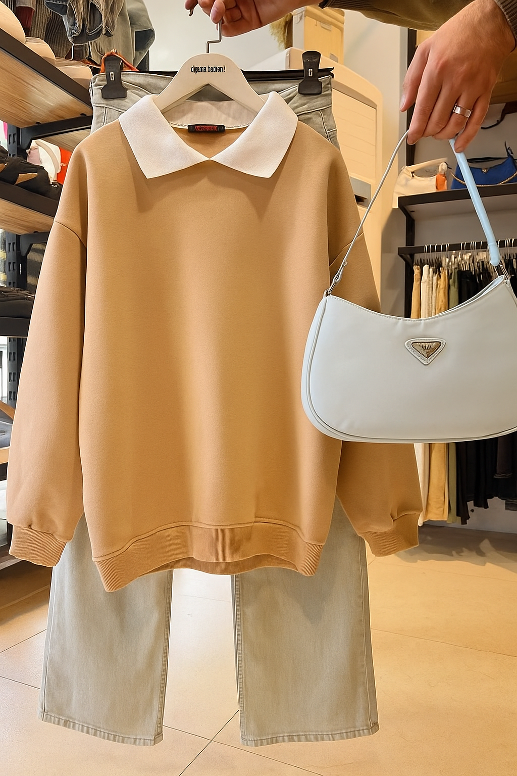 BEIGE COLLAR SWEATSHIRT - SKY BLUE WIDE LEG JEANS