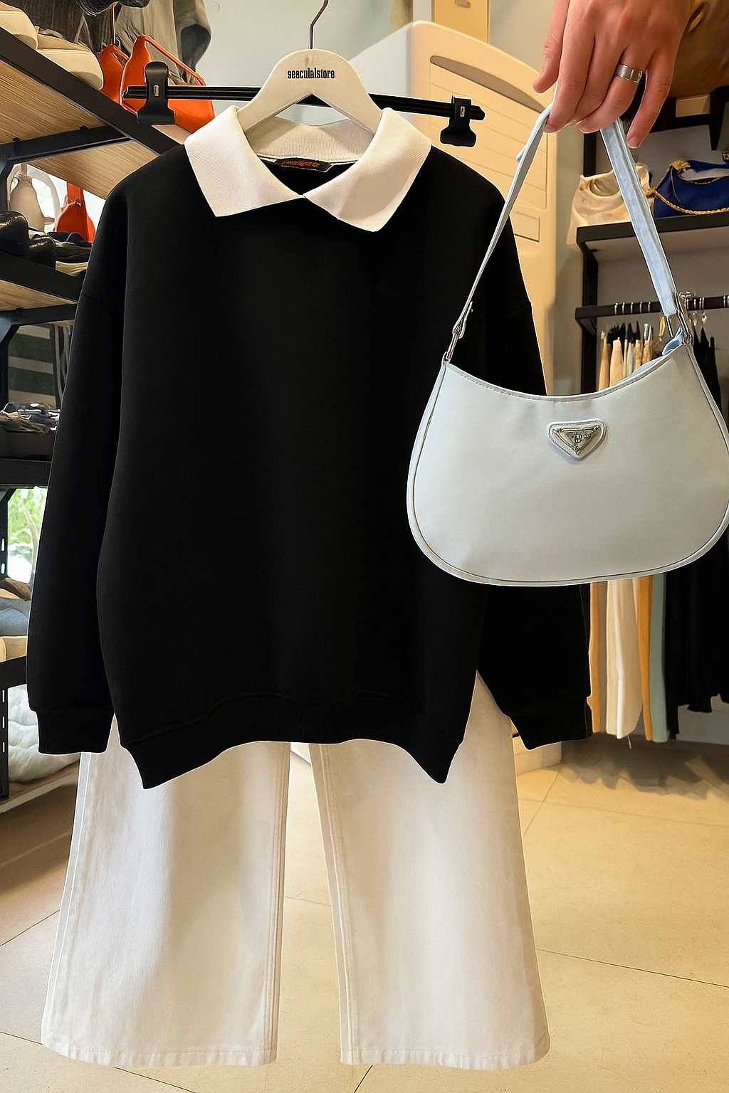 BLACK COLLAR SWEATSHIRT - WHITE WIDE LEG JEANS