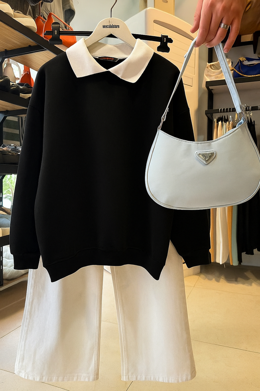 BLACK COLLAR SWEATSHIRT - WHITE WIDE LEG JEANS