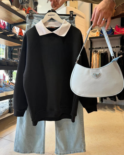 BLACK COLLAR SWEATSHIRT - SKY BLUE WIDE LEG JEANS