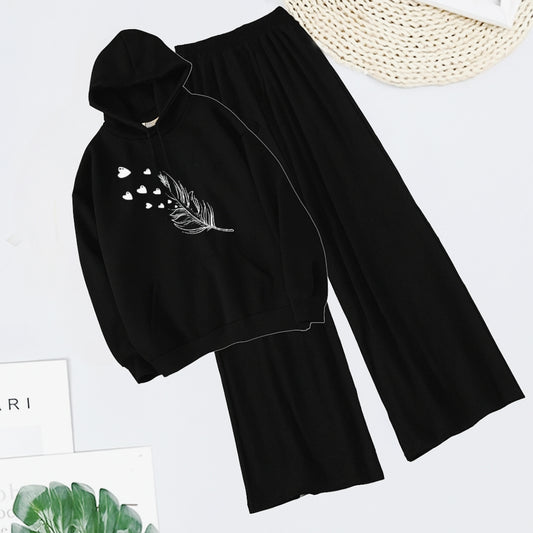 Black hoodie and pants set with feather design on a white background