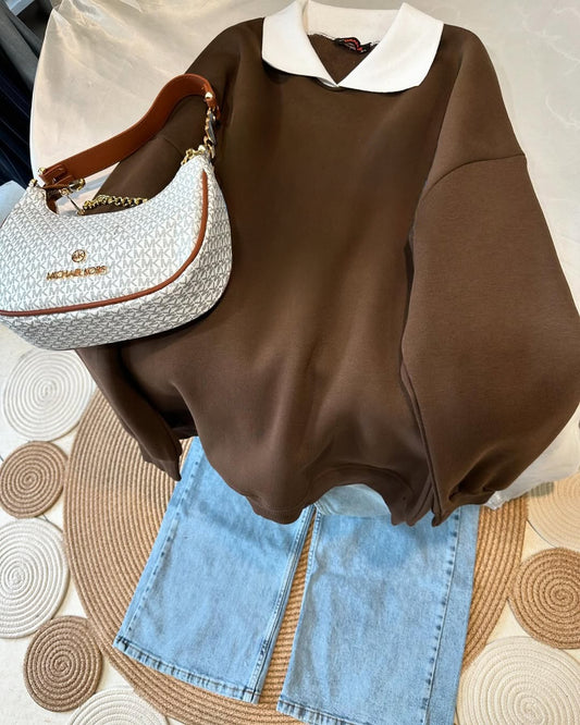 BROWN COLLAR SWEATSHIRT - SKY BLUE WIDE LEG JEANS