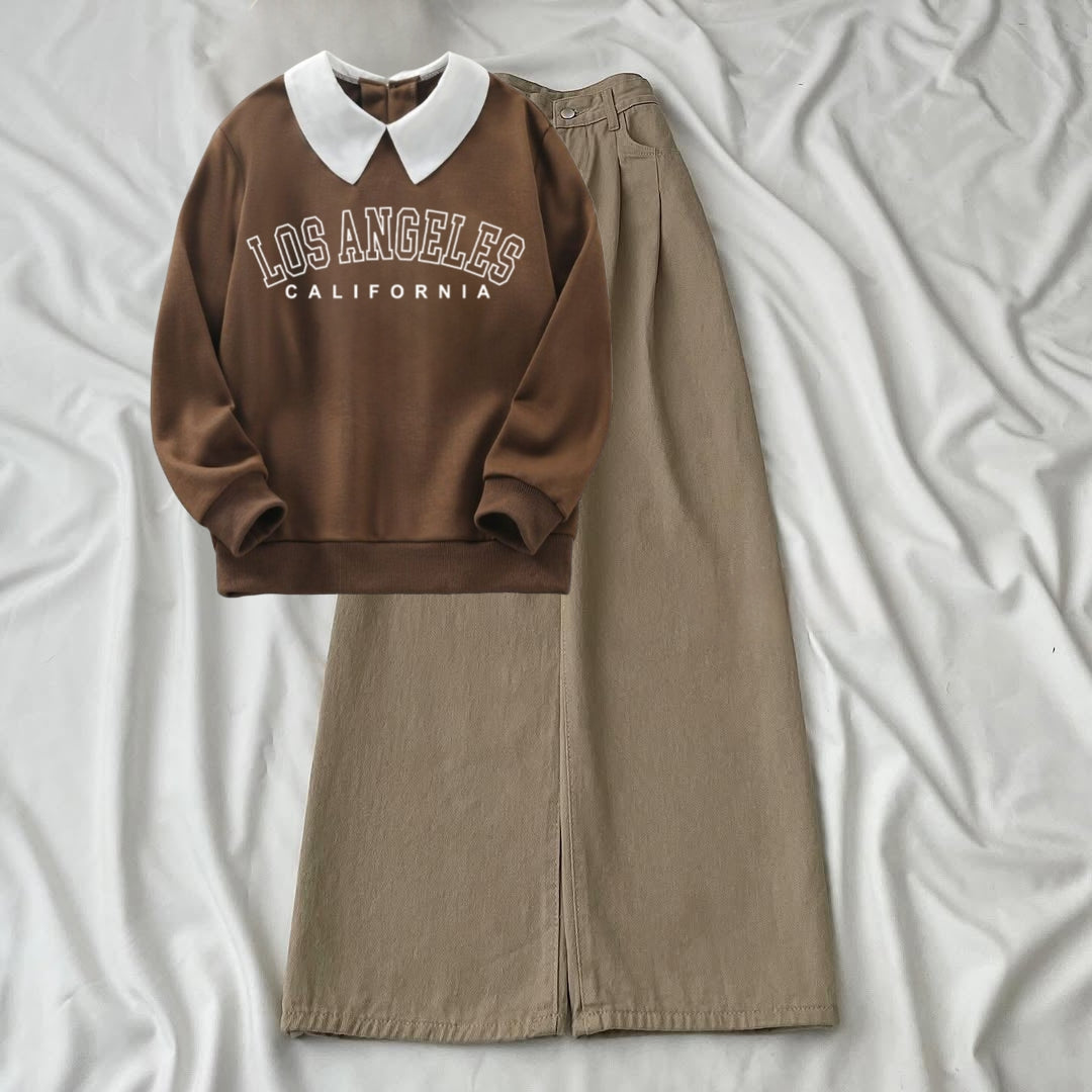 BROWN COLLAR SWEATSHIRT LOSS ANGELES -BEIGE WIDE LEG JEANS