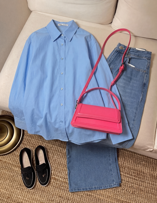 SKY BLUE BUTTON DOWN WITH SKY BLUE WIDE LEG JEANS