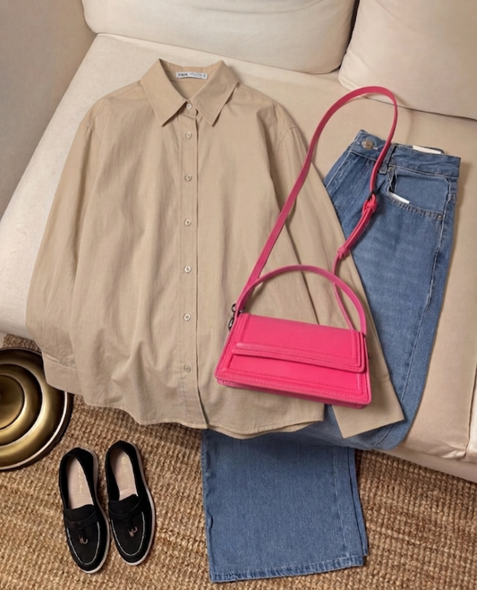 BEIGE BUTTON DOWN WITH SKY BLUE WIDE LEG JEANS