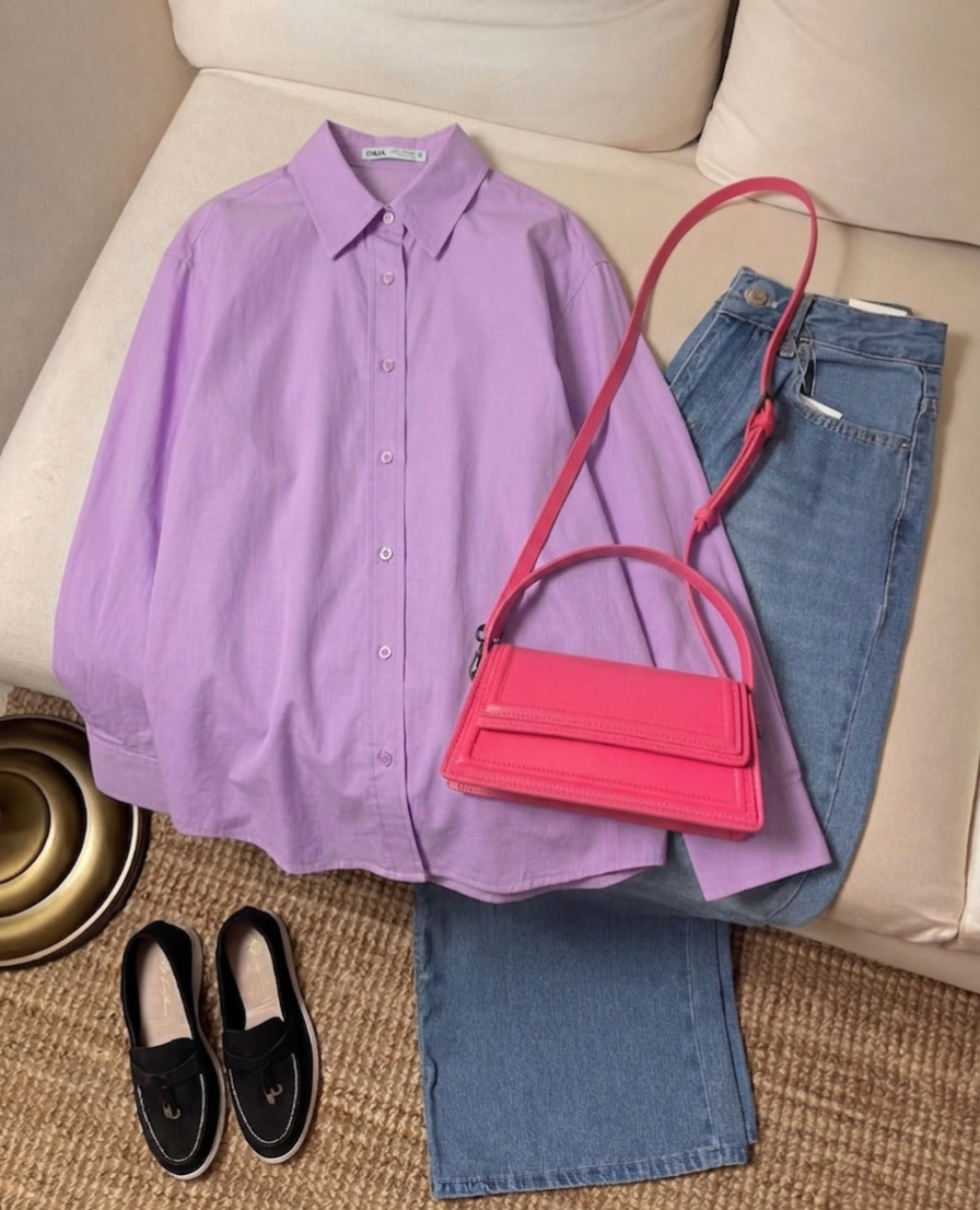 LILAC BUTTON DOWN WITH SKY BLUE WIDE LEG JEANS