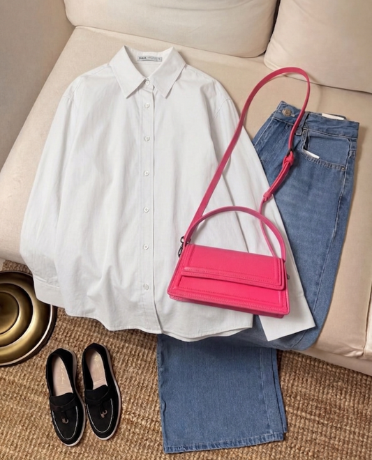 WHITE BUTTON DOWN WITH SKY BLUE WIDE LEG JEANS