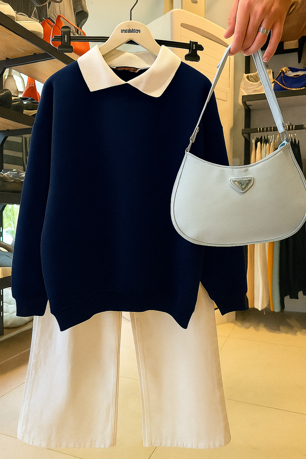 NAVY COLLAR SWEATSHIRT - WHITE WIDE LEG JEANS