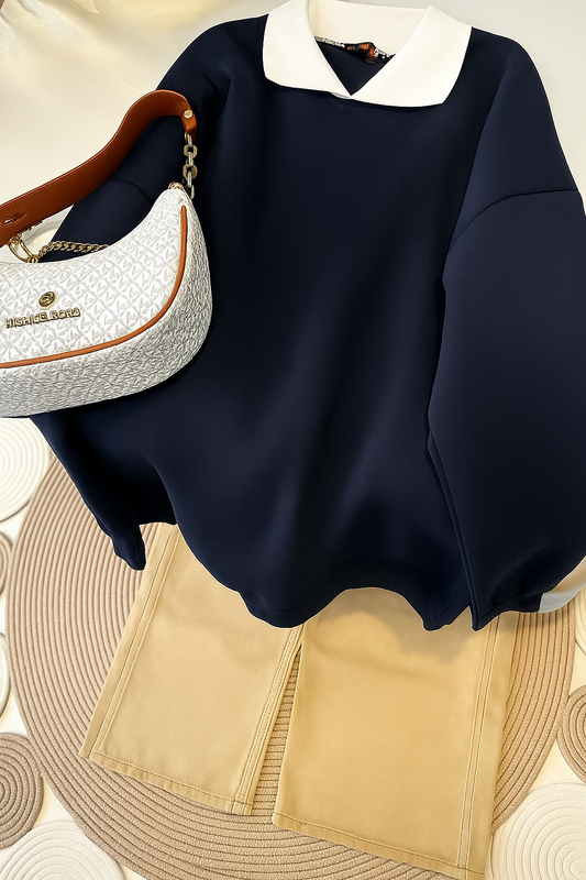 NAVY COLLAR SWEATSHIRT - BEIGE  WIDE LEG JEANS