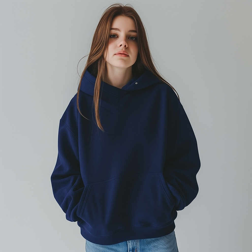 Person wearing a blue hoodie against a plain background