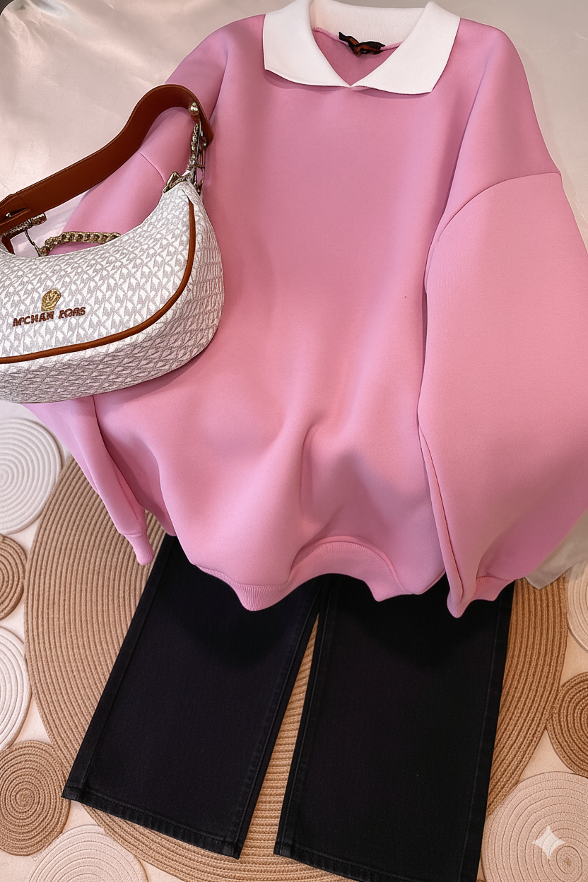 PINK COLLAR SWEATSHIRT - BLACK WIDE LEG JEANS