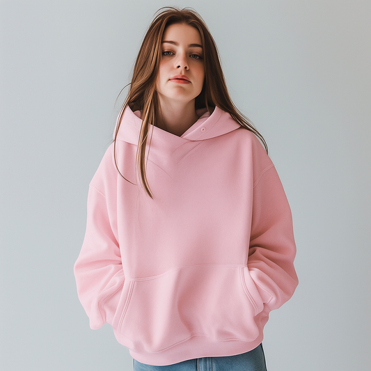 Person wearing a pink hoodie against a plain background