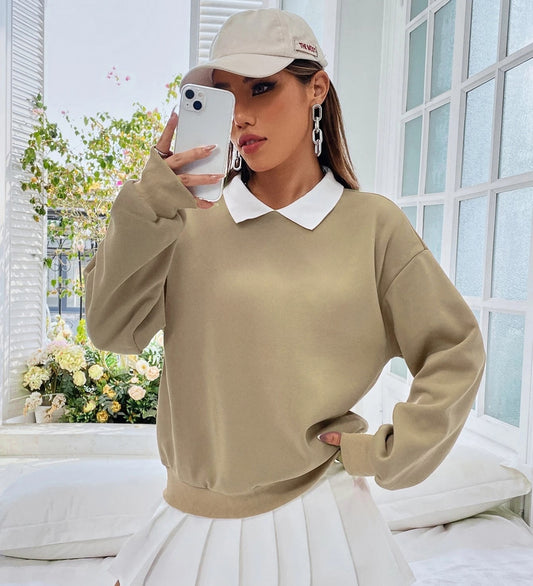 BEIGE PULL OVER COLLAR SWEATSHIRT