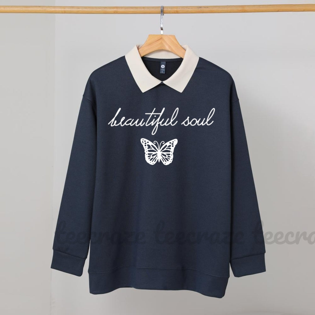 NAVY COLLAR SWEATSHIRT BEAUTIFUL SOUL BUTTERFLY