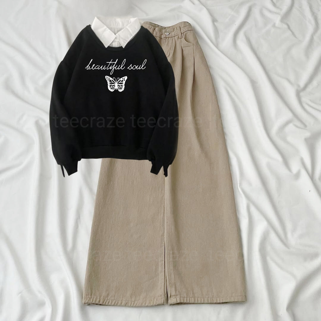 BLACK COLLAR SWEATSHIRT BEAUTIFUL SOUL -BEIGE WIDE LEG JEANS