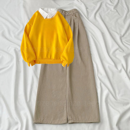 YELLOW COLLAR SWEATSHIRT PAIRS -BEIGE WIDE LEG JEANS