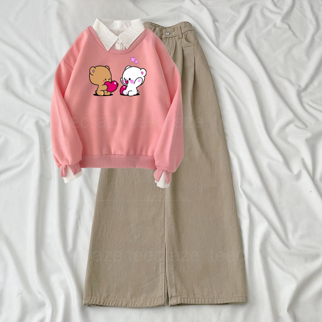 PINK COLLAR SWEATSHIRT PAIRS -BEIGE WIDE LEG JEANS