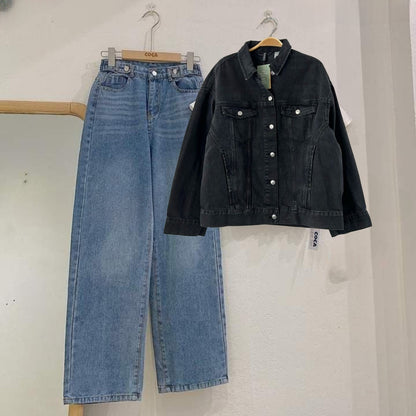 BLACK DENIM JACKET + SKY BLUE WIDE LEG JEANS