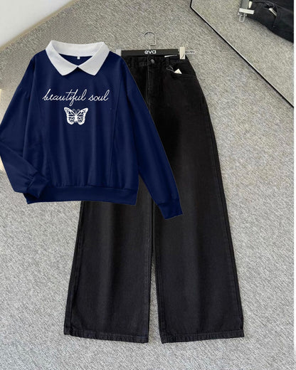 NAVY BLUE COLLAR SWEATSHIRT BEAUTIFUL SOUL -BLACK WIDE LEG JEANS