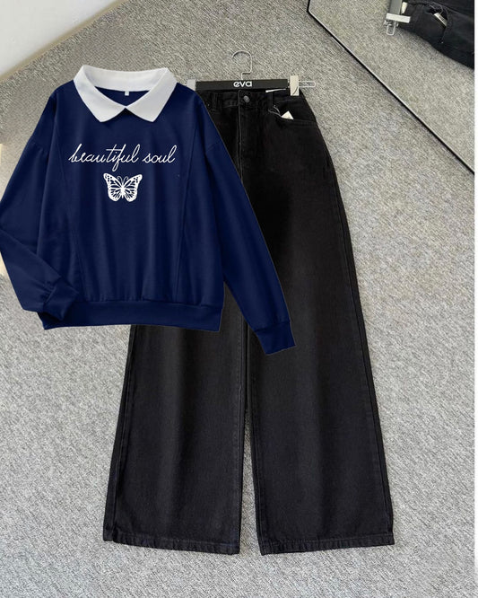 NAVY BLUE COLLAR SWEATSHIRT BEAUTIFUL SOUL -BLACK WIDE LEG JEANS