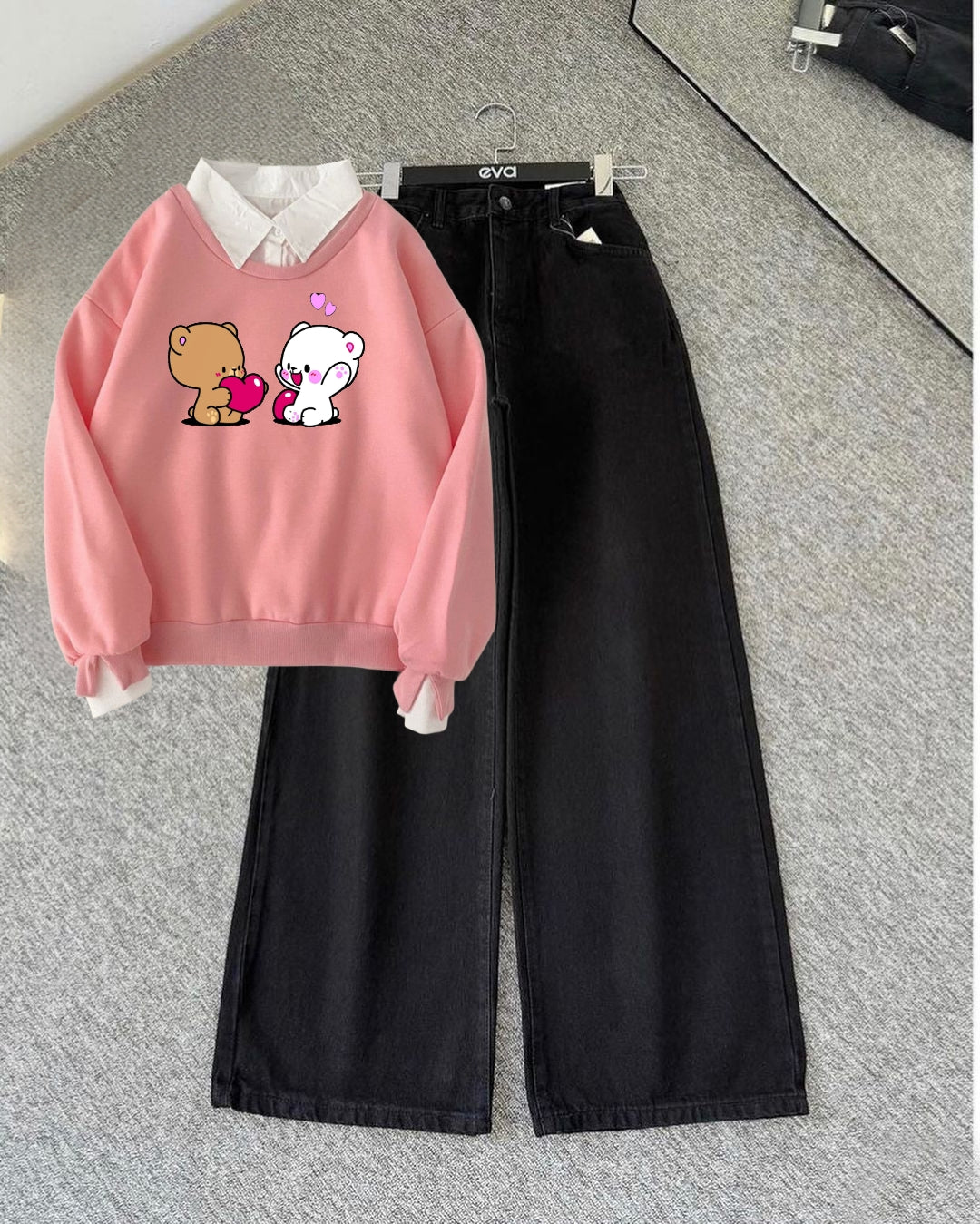 PINK COLLAR SWEATSHIRT PAIRS -BLACK WIDE LEG JEANS