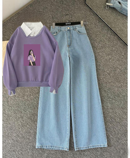 LILAC COLLAR SWEATSHIRT Selfie Girl- SKY BLUE WIDE LEG JEANS