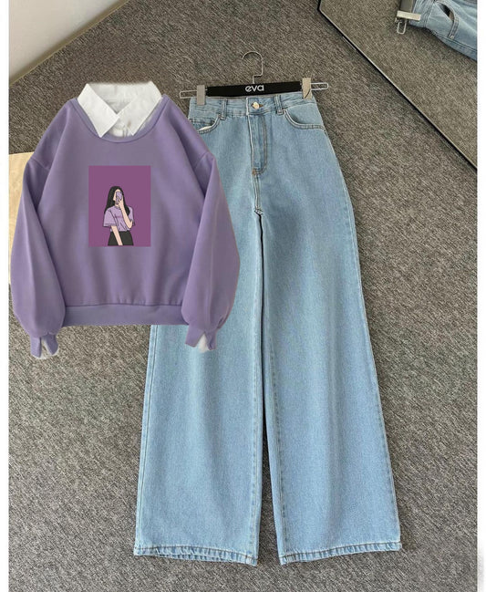 LILAC COLLAR SWEATSHIRT Selfie Girl- SKY BLUE WIDE LEG JEANS