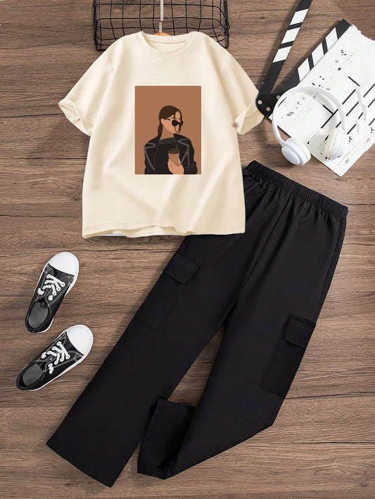 BLACK CARGO FLAPPER - BEIGE TEE COFFEE GIRL