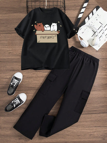 BLACK CARGO FLAPPER - BLACK T SHIRT FREE BEARS