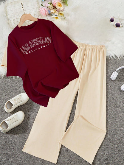 BEIGE FLAPPER - MAROON T-SHIRT LOSS ANGELES