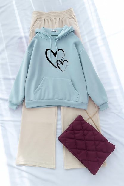 SKY BLUE HOODIE 2 HEARTS - BEIGE FLAPPER