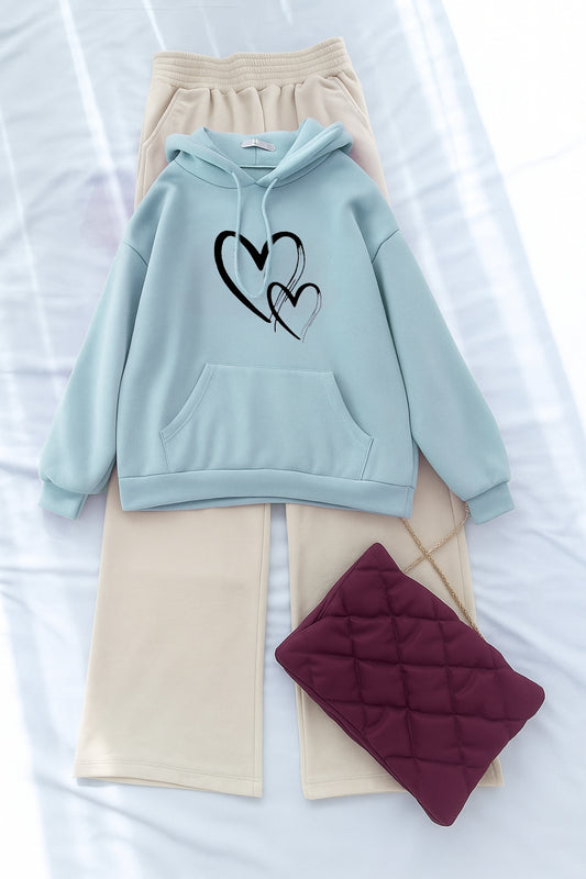 SKY BLUE HOODIE 2 HEARTS - BEIGE FLAPPER