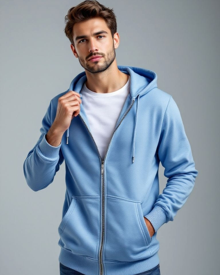 Man wearing a sKY blue hoodie against a gray background