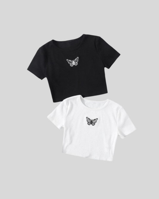 PACK OF 2 CROP TOPS WHITE MIDDLE BUTTERFLY AND  BLACK MIDDLE BUTTERFLY