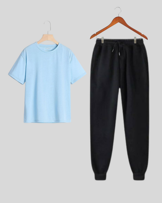 UNISEX BASIC BLACK TROUSER AND SKY BLUE TEE