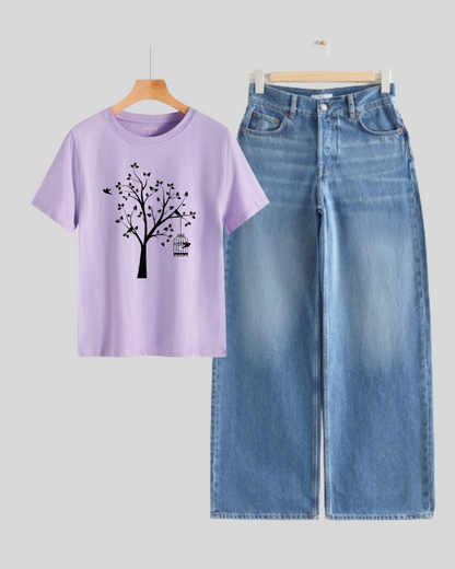 SKY BLUE WIDE LEG JEANS - LILAC TEE SHIRT NEW TREE
