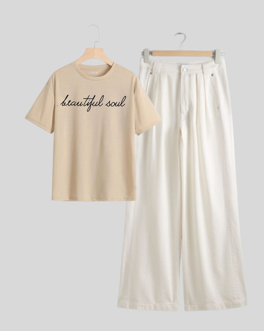 WHITE WIDE LEG JEANS - BEIGE TEE SHIRT BEAUTIFUL SOUL