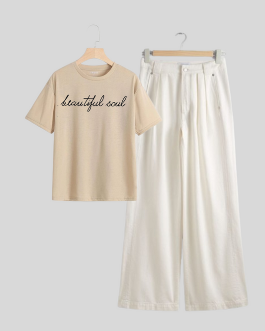 WHITE WIDE LEG JEANS - BEIGE TEE SHIRT BEAUTIFUL SOUL