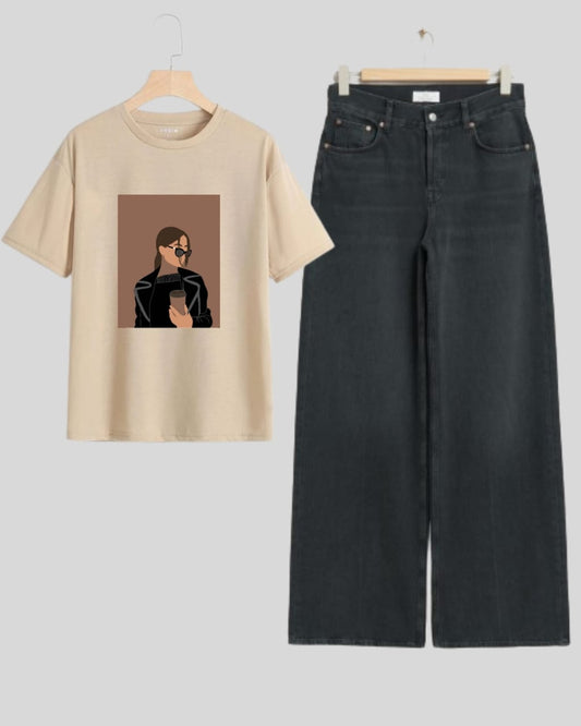 BLACK  WIDE LEG JEANS - BEIGE TEE COFFEE GIRL
