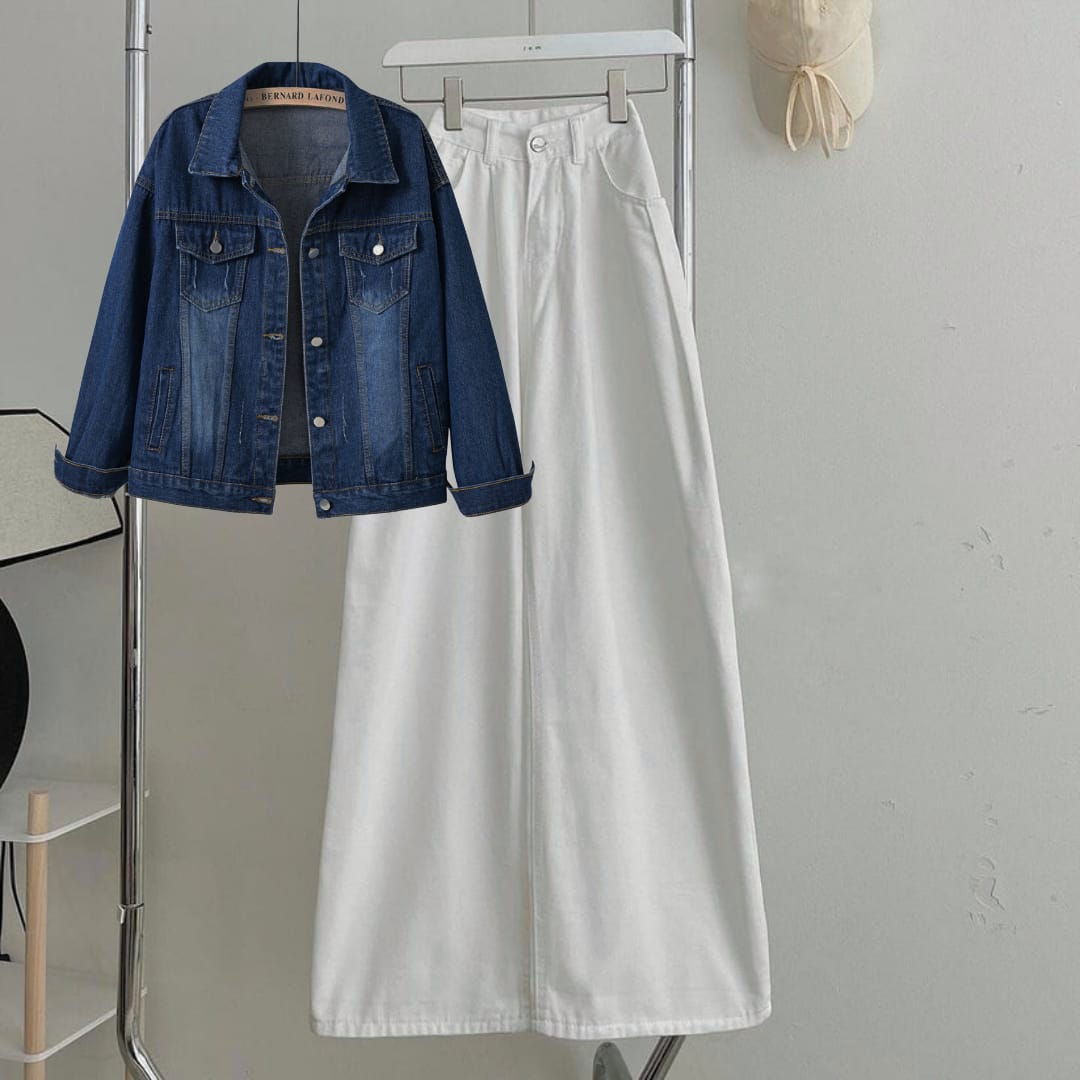 MID BLUE  DENIM JACKET + WHITE WIDE LEG JEANS