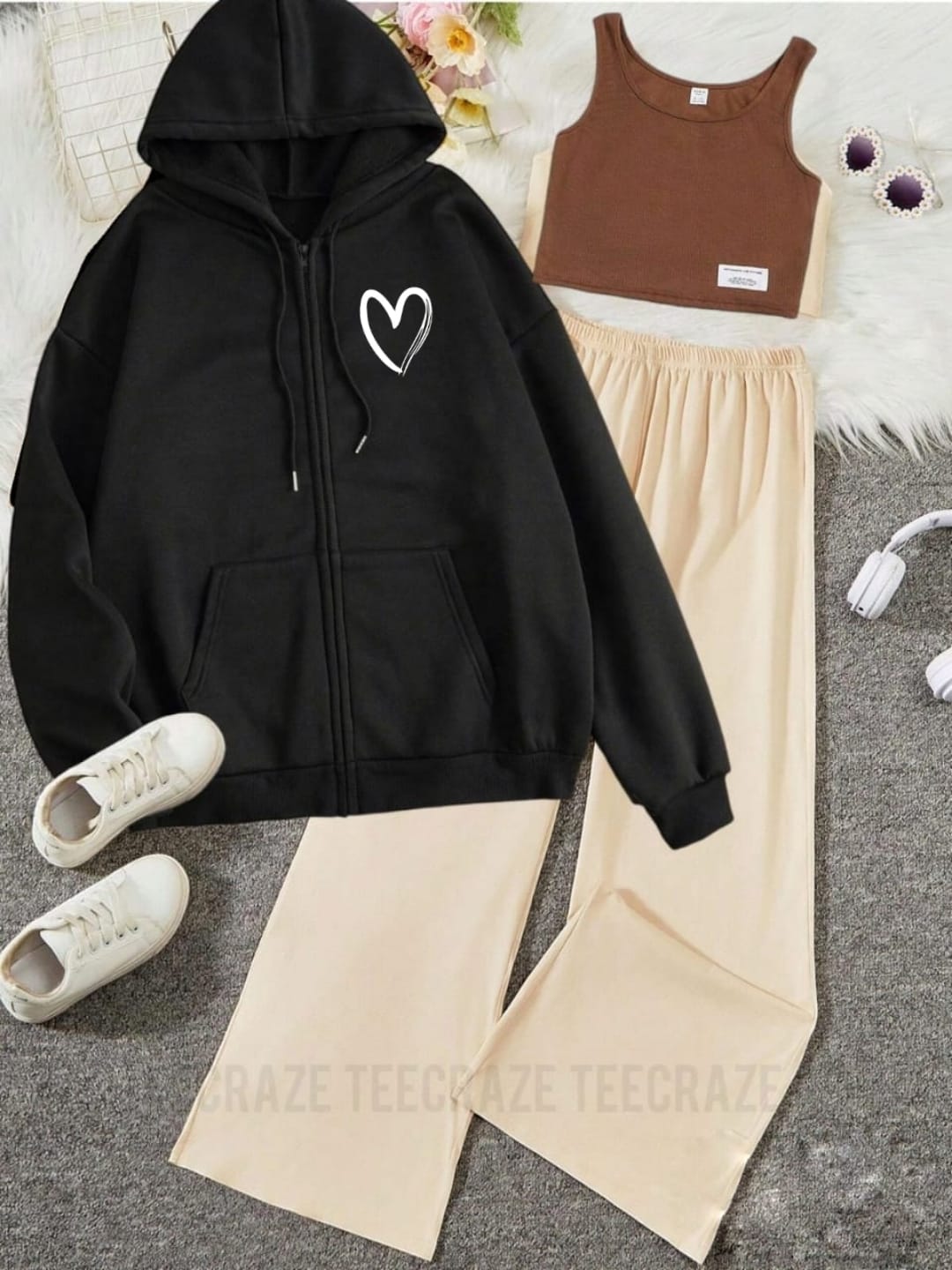 PACK OF 3 WINTER TRACKSUIT-BLACK ZIPPER POC HEART BEIGE  FLAPPER BROWN  INNER