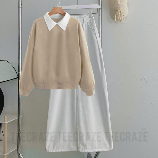 BEIGE COLLAR SWEATSHIRT - WHITE WIDE LEG JEANS