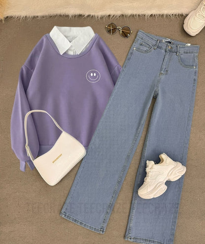 LILAC COLLAR SWEATSHIRT POC SMILE - SKY BLUE WIDE LEG JEANS