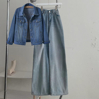 MID BLUE DENIM JACKET - SK BLUE WIDE LEG JEANS