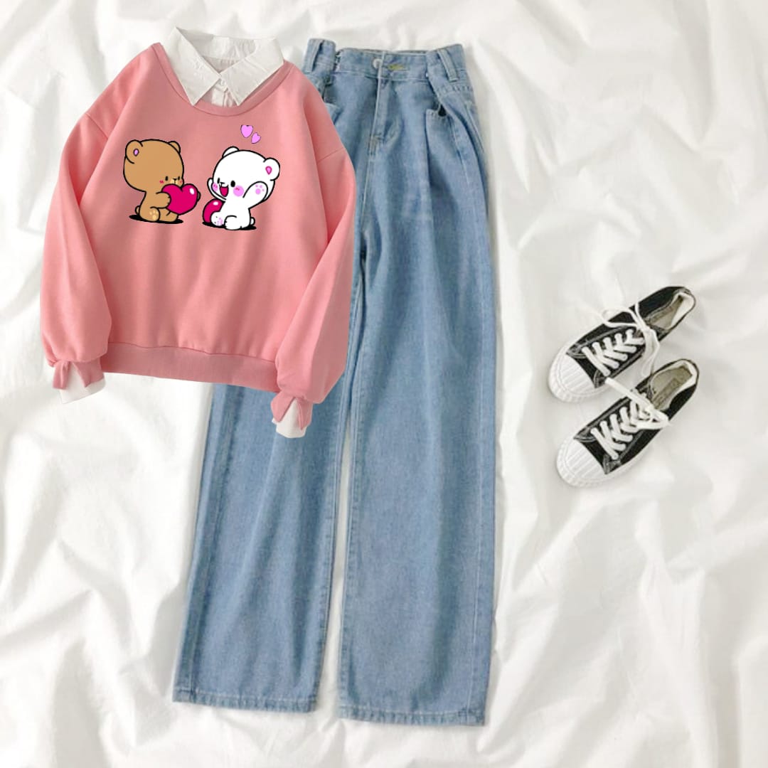 PINK  COLLAR SWEATSHIRT PAIRS - SKY BLUE WIDE LEG JEANS