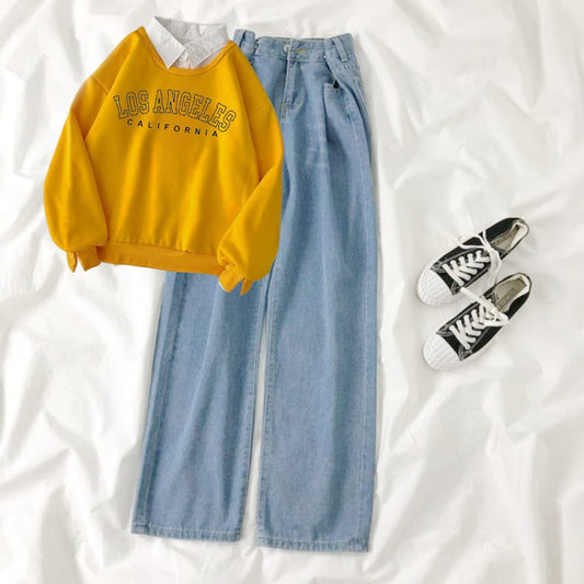 YELLOW COLLAR SWEATSHIRT LOSS ANGELES - SKY BLUE WIDE LEG JEANS