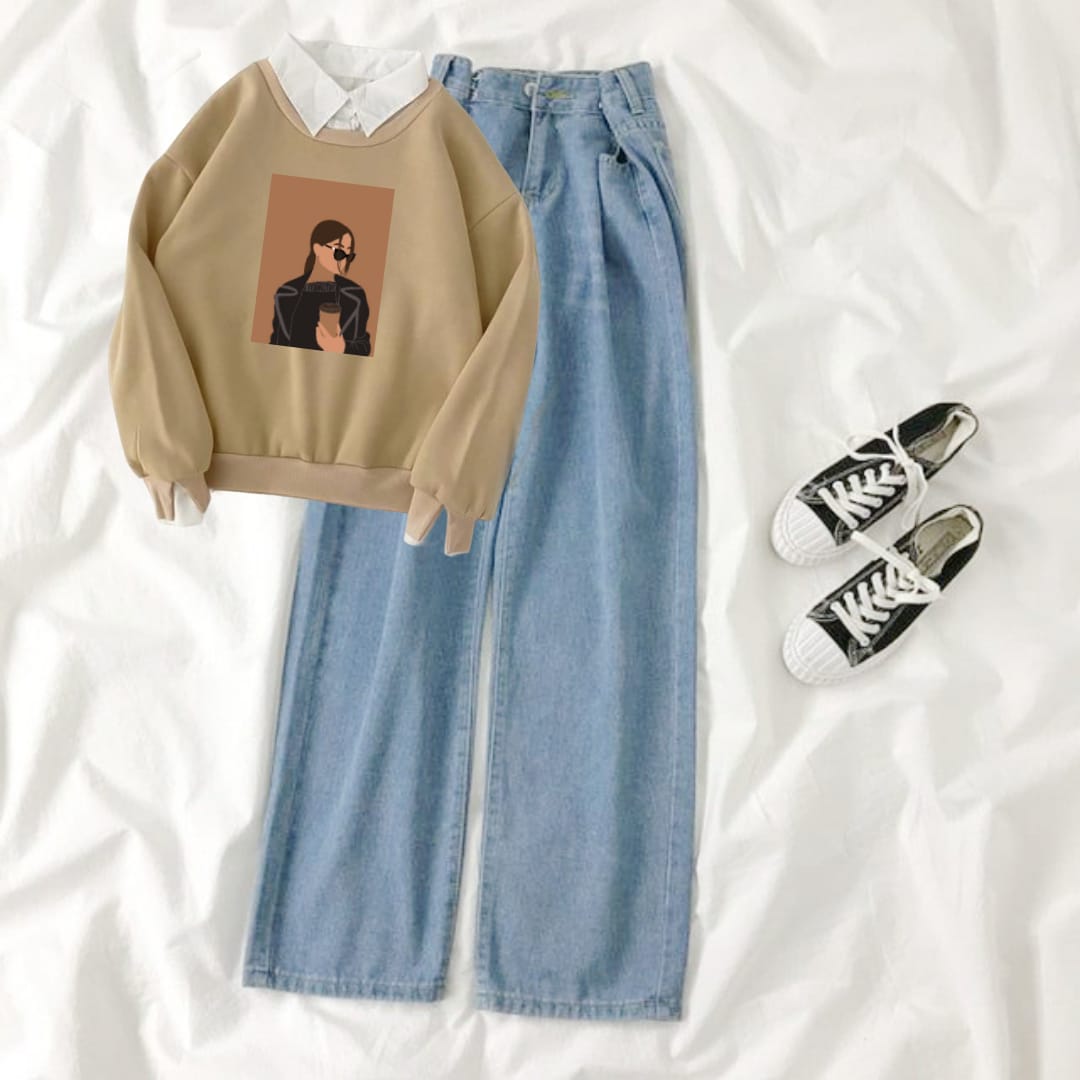 BEIGE COLLAR SWEATSHIRT COFFE GIRL - SKY BLUE WIDE LEG JEANS